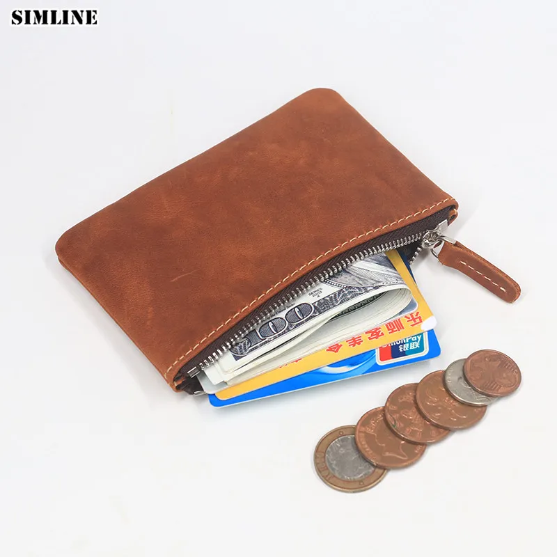 SIMLINE мужской кошелек из натуральной кожи, мужские винтажные кошельки Crazy Horse из воловьей кожи, короткие тонкие маленькие кошельки на молнии, портмоне, держатель для карт, мужской кошелек