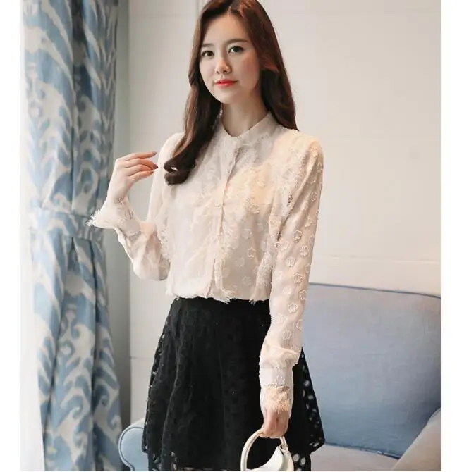 High quality Lace Blouse Elegant Beading Crochet White Long Sleeve Chiffon Shirt Feminine Women's Office Clothing