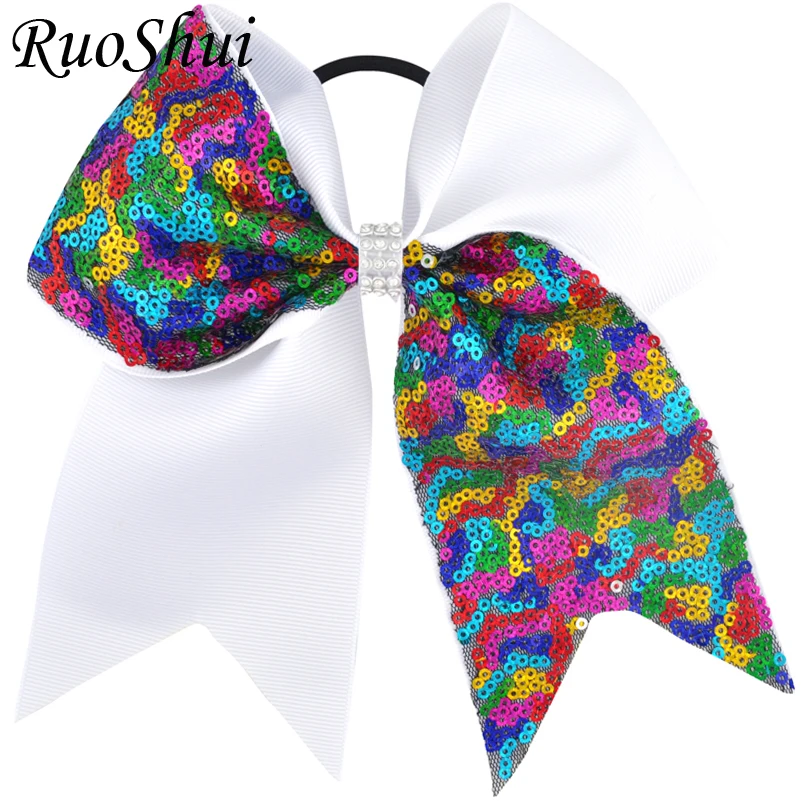 

7 inch Rhinestone Cheerleading Bow Hair Bow Rainbow Sequin Elastic Hair Band Ribbon Children Girls Hair Accessories