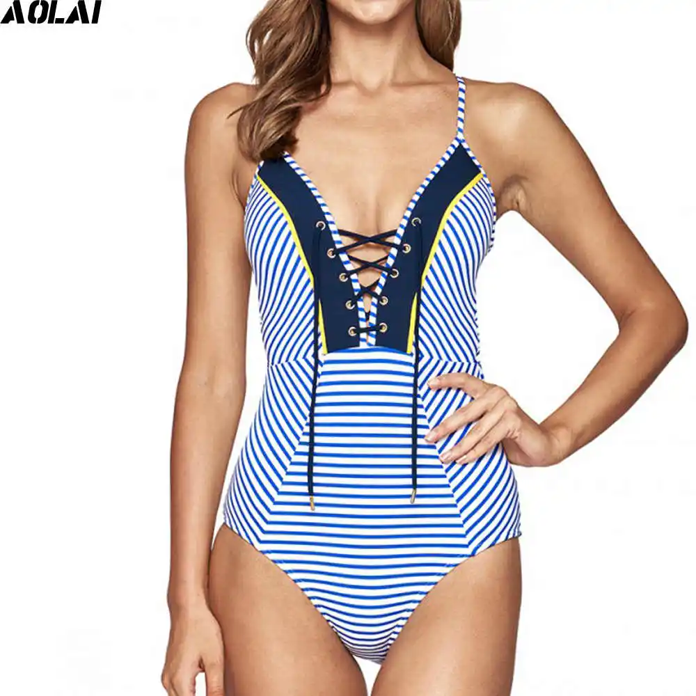 Полосатый Цельный купальный костюм с бандажом 2017 Женский монокини открытой