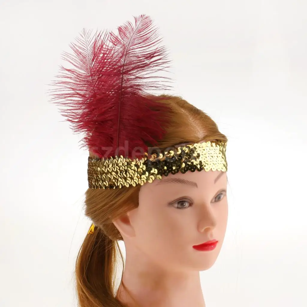 Блестящие золотые блестки с красным пером обруч с завязкой 1920s Great Gatsby женские головные уборы Charleston головной убор косплей реквизит