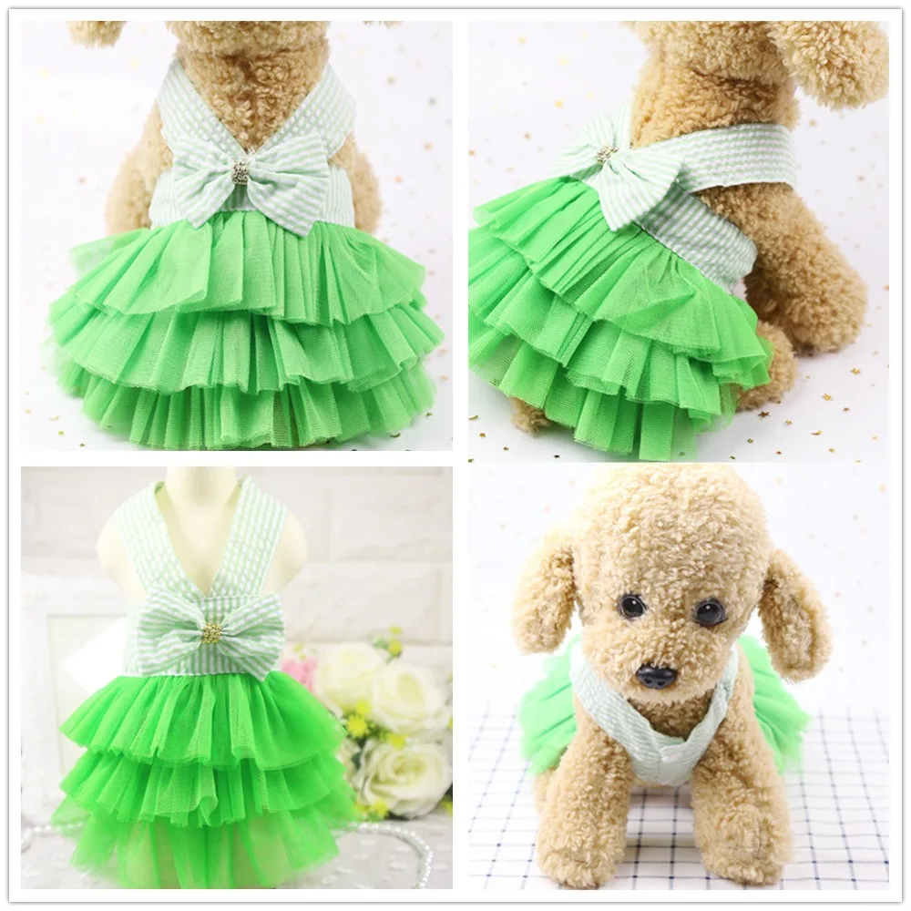 Cat Sling Bow Striped Princess Dresses Female Green Mesh Cake Skirt Summer Dress kitten Clothes Supplies for Small Pet Products |
