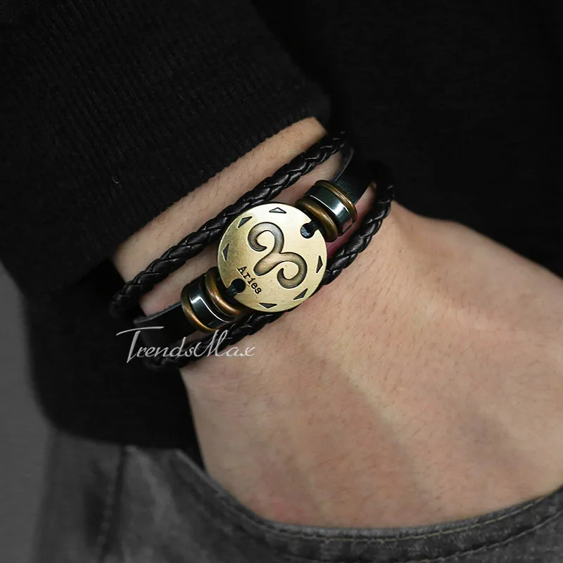 Men's 12 Zodiac Sign Horoscope Leather Bracelet 2018 Vintage Retro Charm Male Bracelets Wholesale Jewelry Gifts For Men HLBM136A |