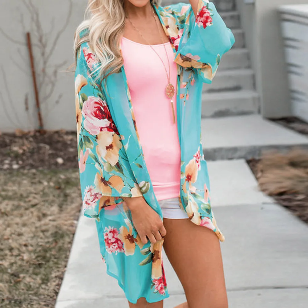 Женские блузки с широкими рукавами шифоновый кардиган синего цвета принтом