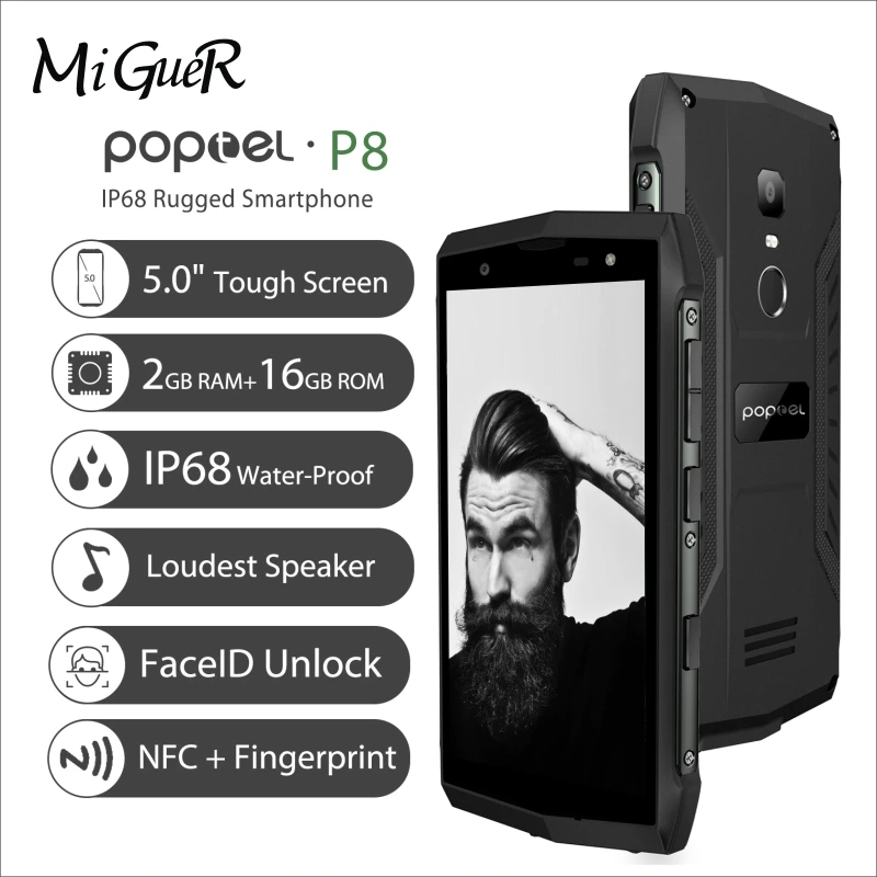 POPTEL P8 5 0 ''HD мобильного телефона Android 8 1 IP68 пыле Водонепроницаемый панда Стекло 2