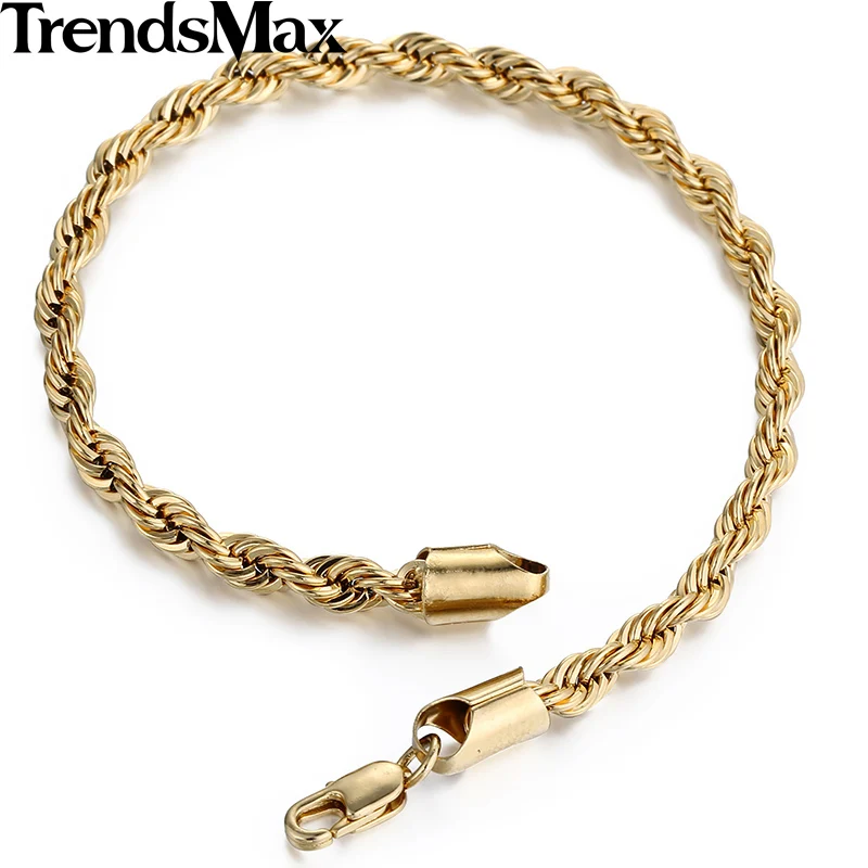 Trendsmax звено веревки, браслет для мужчин и женщин, позолоченный браслет, модный подарок, ювелирное изделие 4 мм 19,5 см GB216