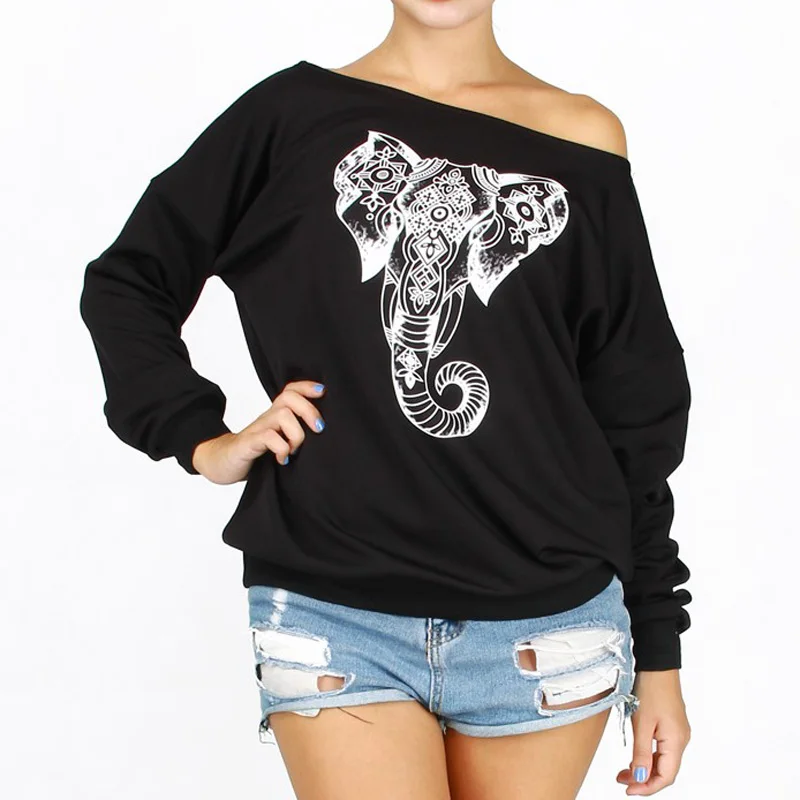 HEE GRAND/женская черная толстовка с начесом и принтом слона длинным рукавом