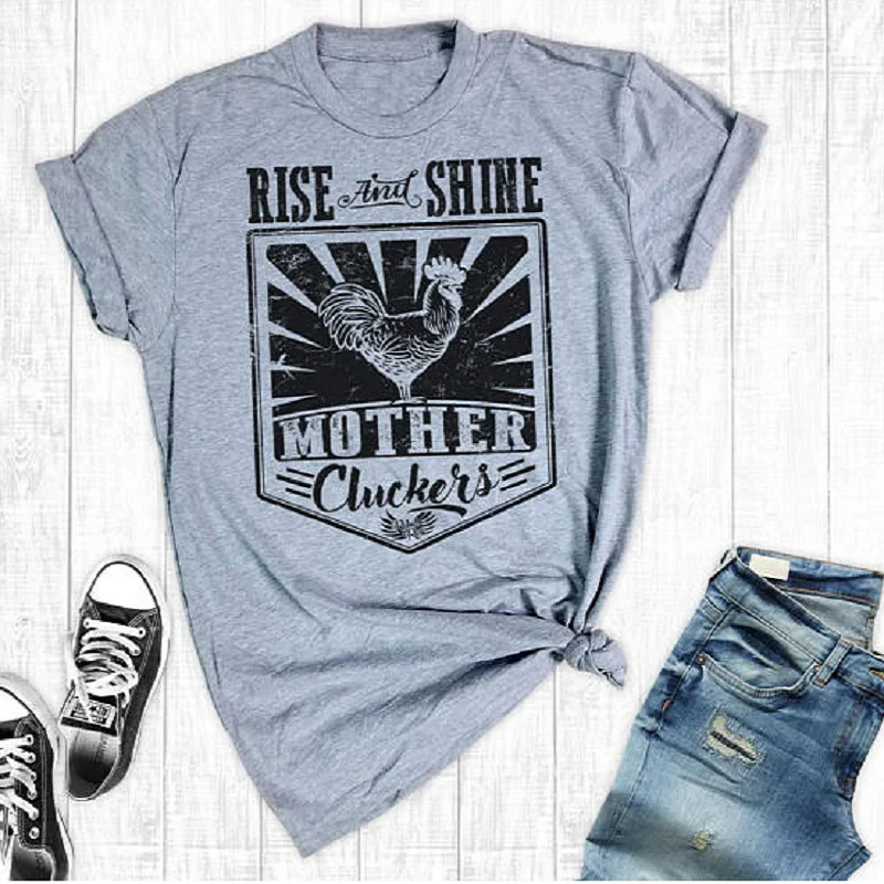 Веселая женская футболка с принтом цыпленка серая свободная дизайнерская