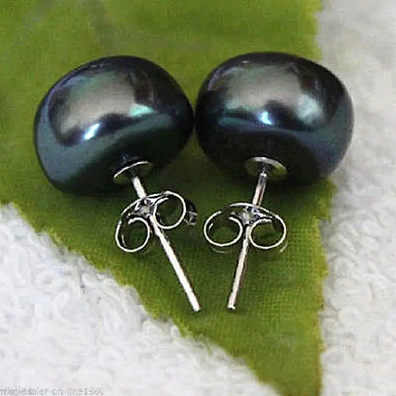 

Vente chaude nouveau--chaude Vritable Culture D'eau Douce 11-12mm Noir Perle Stud Boucles D'oreilles En Argent Sterling