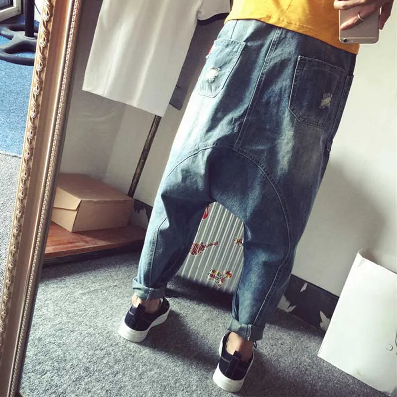 Loose Baggy Harem Jeans Men Hip Hop Ripple Jeans Denim Pants Streetwear Low Crotch Distressed Jeans Blue Trousers Male Clothes