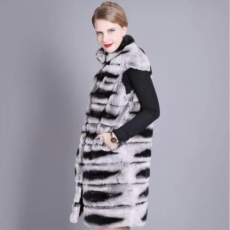 90CM Women Real Rex Rabbit Fur Vest Stand Collar Natural Chinchilla Color Rabbit Fur Waistcoat Sleeveless Jacket enlarge