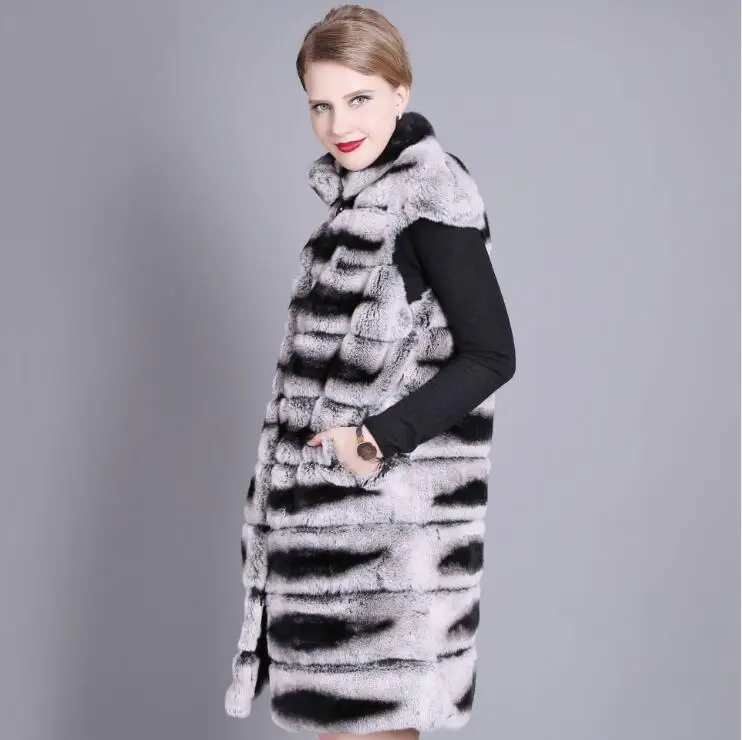90CM Women Real Rex Rabbit Fur Vest Stand Collar Natural Chinchilla Color Waistcoat Sleeveless Jacket | Женская одежда
