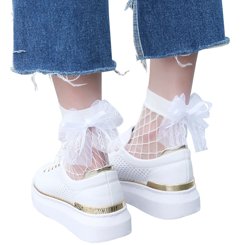 Новинка 2017 модные летние женские кружевные ажурные низкие носки с бантом