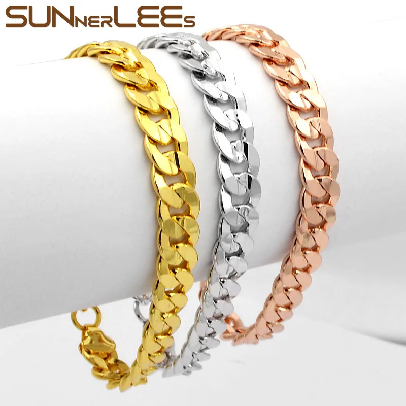 

Браслет SUNNERLEES из кубинской цепи, модное Ювелирное Украшение цвета белое, розовое золото, 9 мм, большой плоский панцирный бордюр, подарок для ...