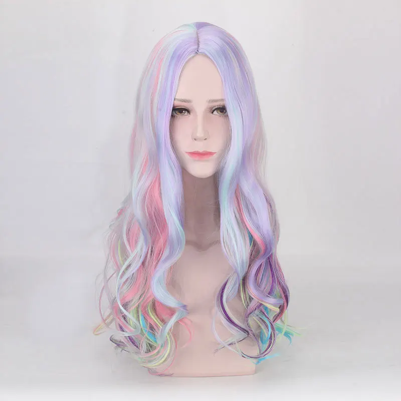 Высокое качество 70 см длинные волнистые Цветные парик цвета радуги Косплей