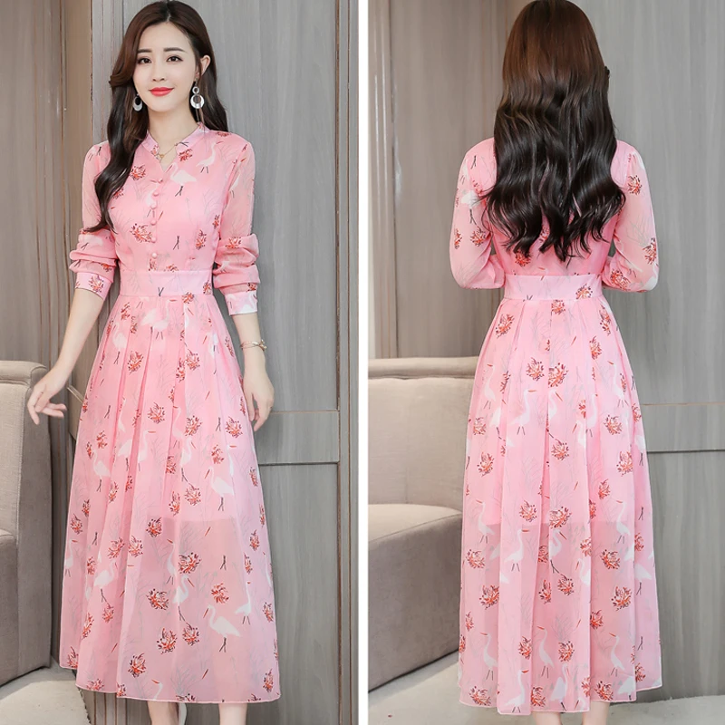 Новый 2019 шифоновое платье Для женщин Лето с длинным рукавом Цветочный принт Boho