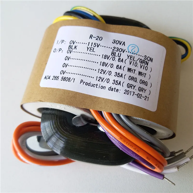 2X18V0.6A 2X12V0.35A 2*9 V/2*12 V/2*15 V/2*18 V R сердечник трансформатора 115-230VAC 30VA 2*15V 1A/2*18 V 0.83A с защитным выходом для питания усилитель - Цвет: 2X18V0.6A 2X12V0.35A