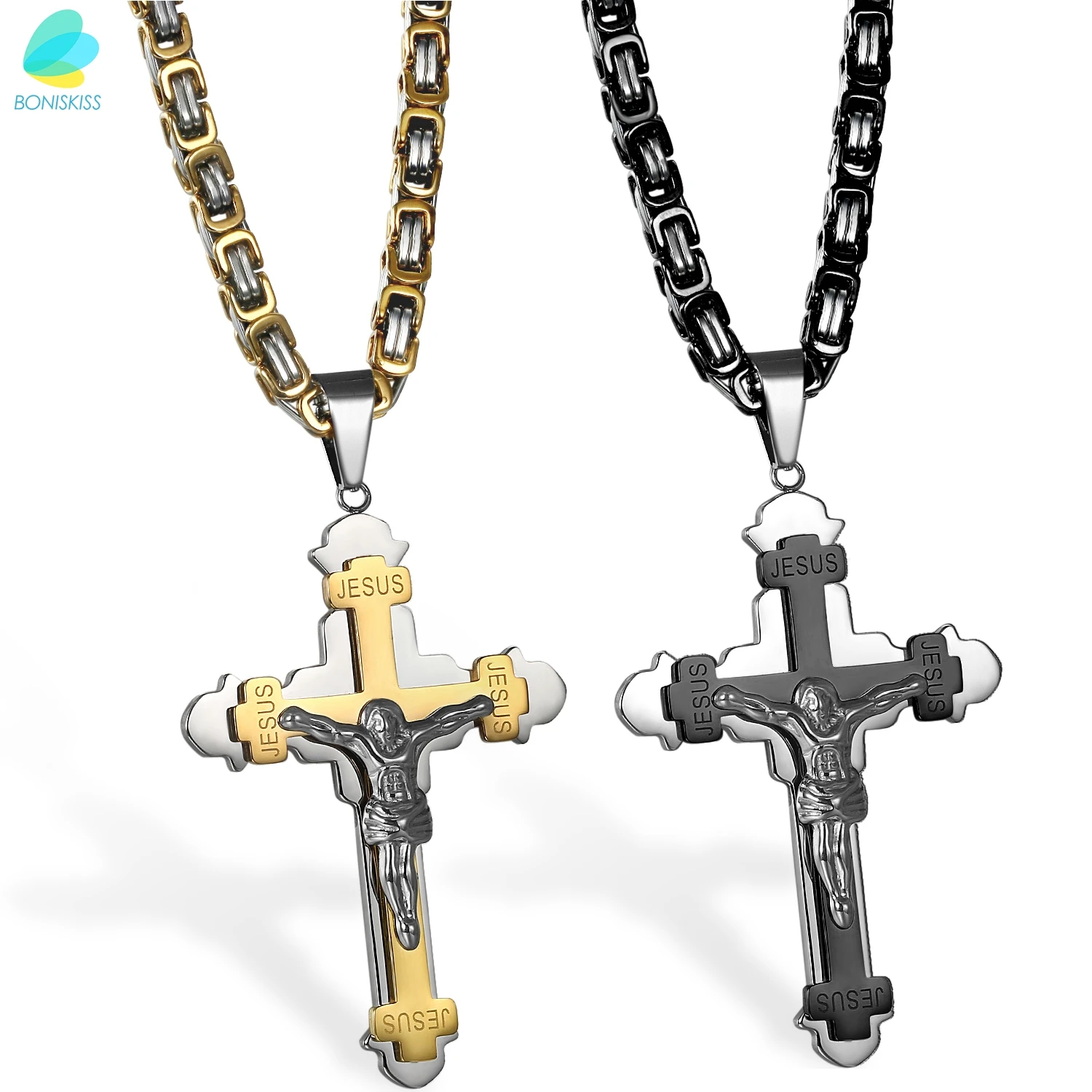 

BONISKISS 316L Steel Gold And Black Tone Cross Jesus Crucifix Pendant Necklace With Box Chain