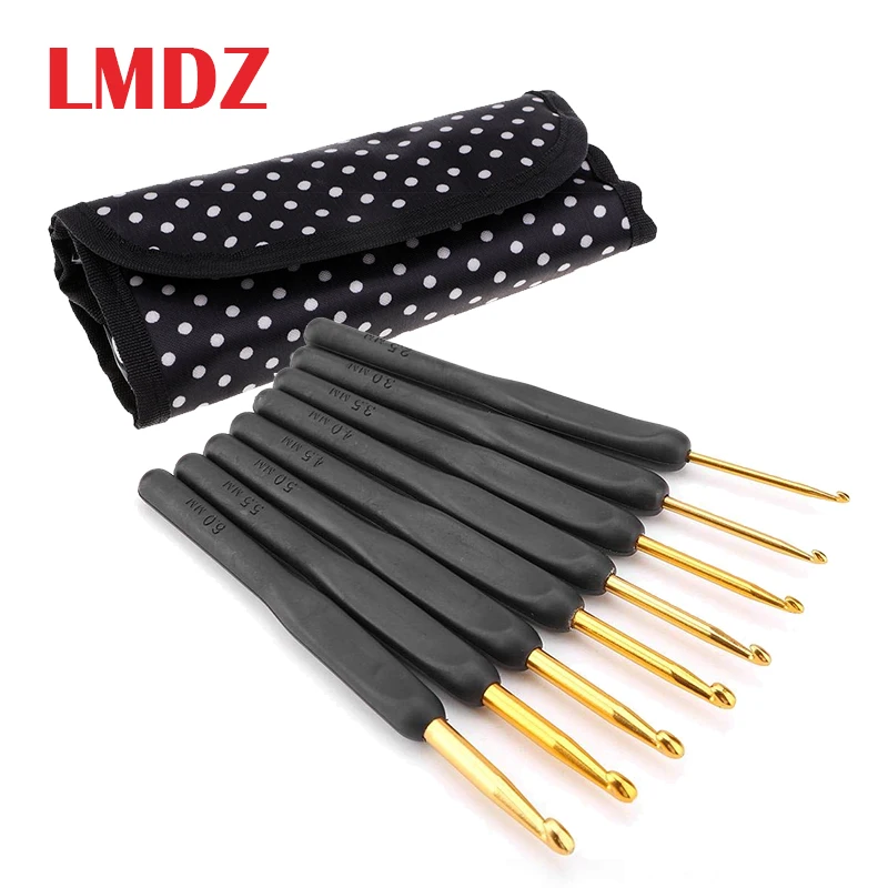 Lmdz 9 шт./компл. 2,0-6,0 мм DIY рукоделие крюк для вязания крючком, Вязание иглы мягкая ручка Золотой швейная фурнитура черного цвета с сумкой в комплекте
