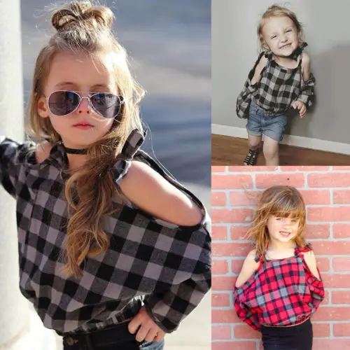 New Style Kid Girls Strap Plaid T-shirt Off Shoulder T-Shirt Infant Outfit Children Casual T Shirt Clothes Spring Tops Age 0-5Y | Детская