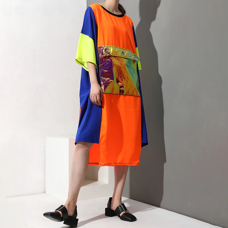 [EAM] New Spring Summer Round Neck Three-quarter Sleeve Big Pocket Split Joint Big Size Long Dress Women Fashion JX0241