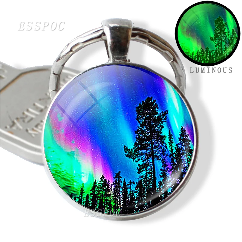 Northern Lights Aurora Photo Round Keychain Luminous Glass Cabochon Jewelry Handmade Supply for Pendant Fashion Key Chain Gift | Украшения