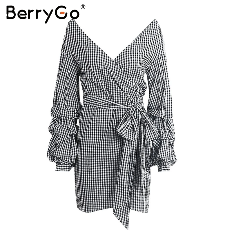 BerryGo, сексуальное летнее платье в клетку с открытыми плечами, рубашка, длинный рукав, v-образный вырез, галстук-бабочка, мини платье, короткое платье в полоску, vestidos, короткое платье - Цвет: Black White Plaid