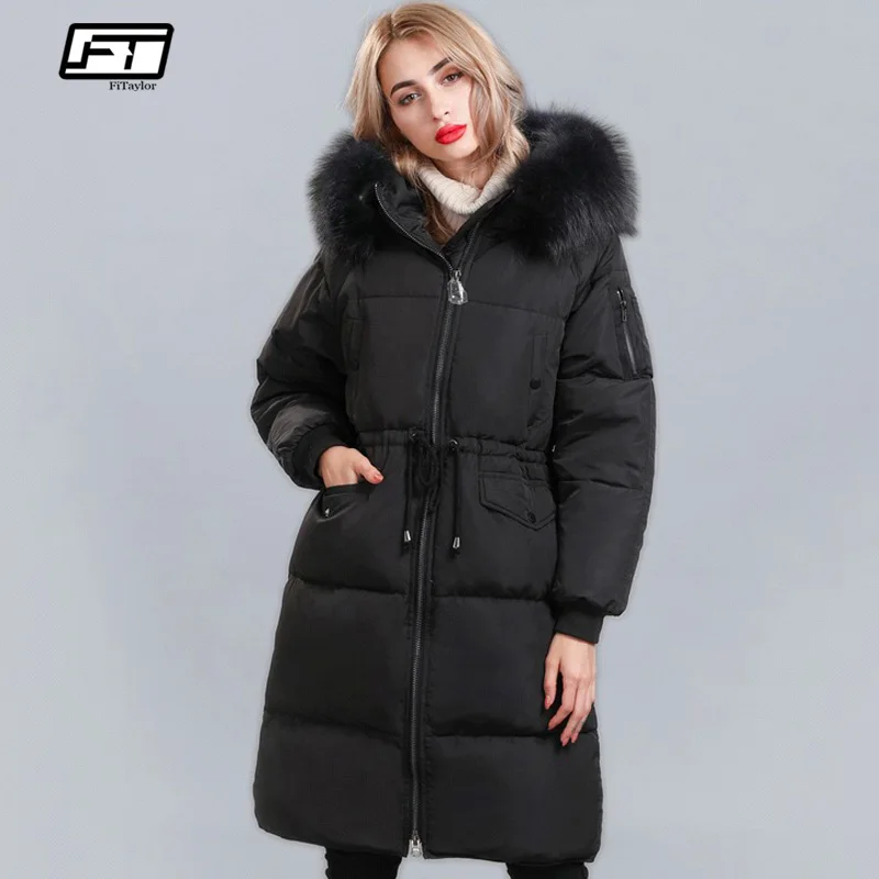 Fitaylor новые белые пуховики для женщин парки с капюшоном большой енота меховой