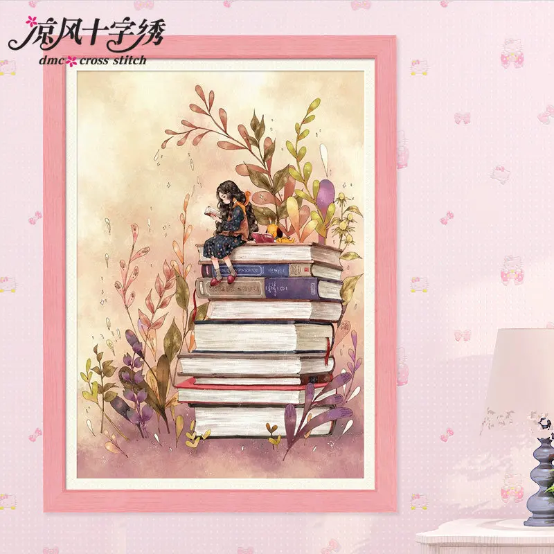 

A girl who loves reading cross stitch kit DMC brand thread animal dog count canvas fabric embroidery handmade needlework