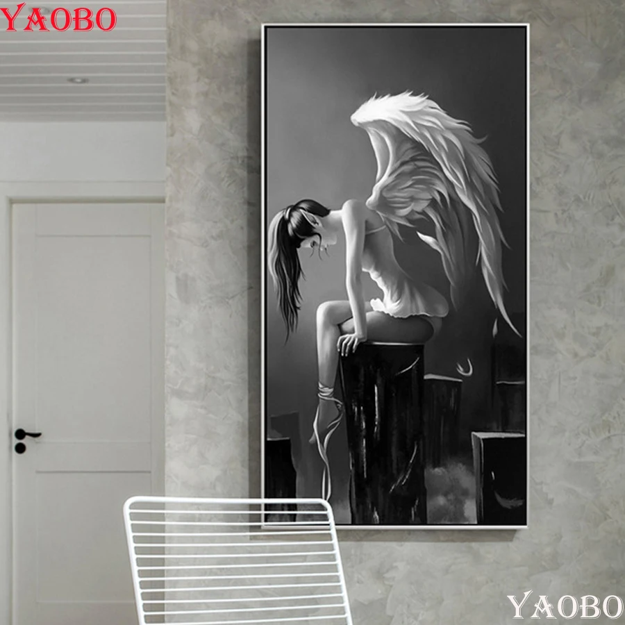 Алмазная мозаика алмазная живопись черно-белая девочка-ангел полностью