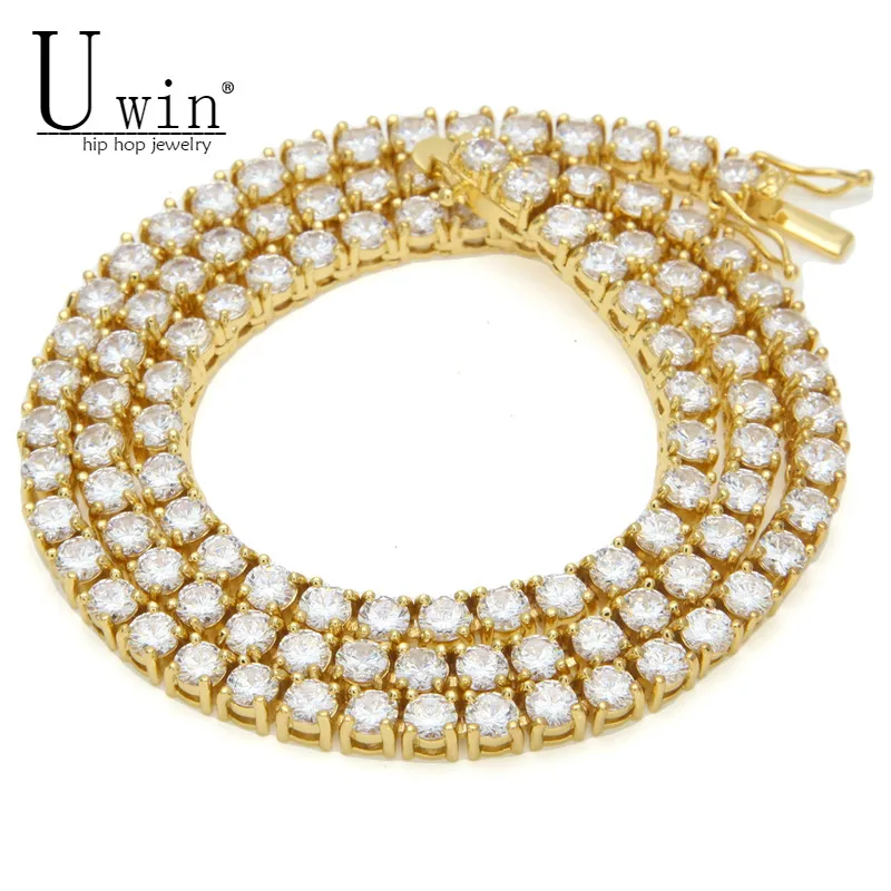 

Uwin 3mm 4mm 5mm 8mm Mens Zircon Tennis Chain Necklace Gold Color Copper Material Iced Out 1 Row CZ Hip Hop