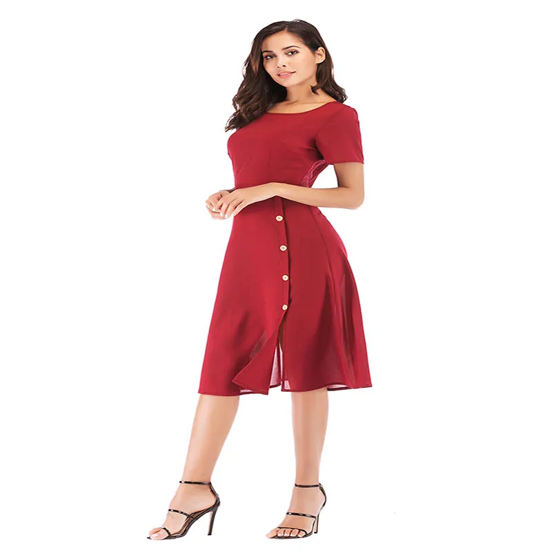 Красное шифоновое платье 2019 летнее с круглым вырезом формальное средней длины
