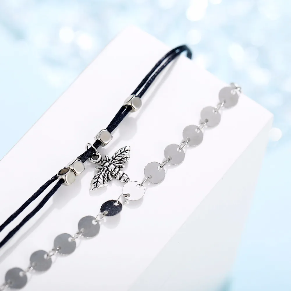 Vintage Antique Silver Color Anklet Women Honey Bee Sequins Geometric Bracelet Charm Bohemian Ankle Boho Foot Jewelry | Украшения и