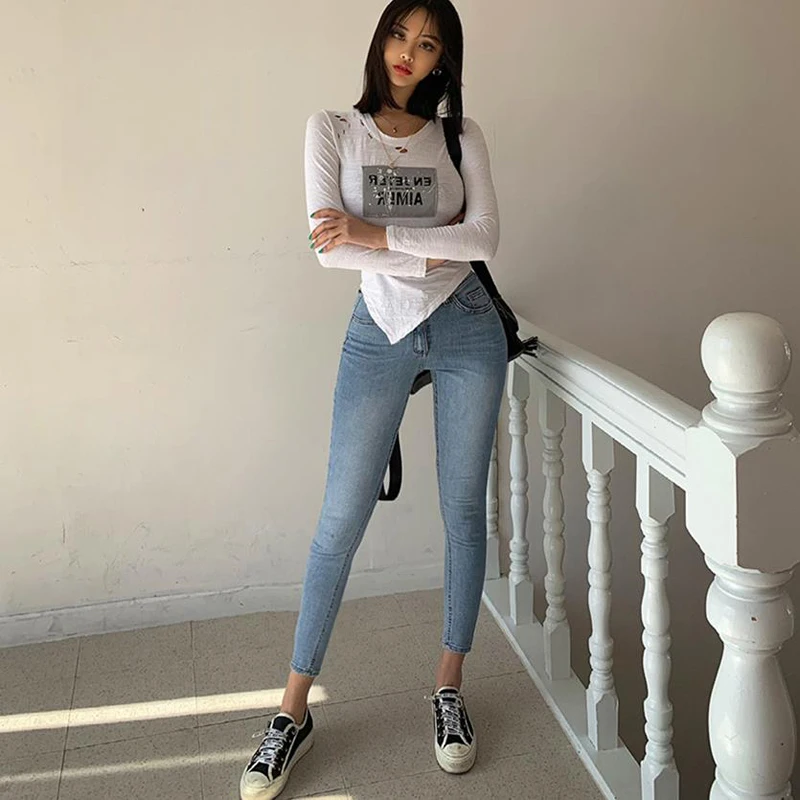 

Skinny Denim Jeans for Women High Waist Ripped Holes Female Pencil Jeans Streetwear Women Denim Blue Trousers