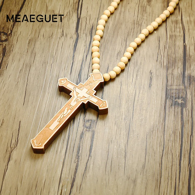 Large Wooden Catholic Jesus Men's Cross with Carved Rosary Pendant Long Collier Statement Necklace image 5