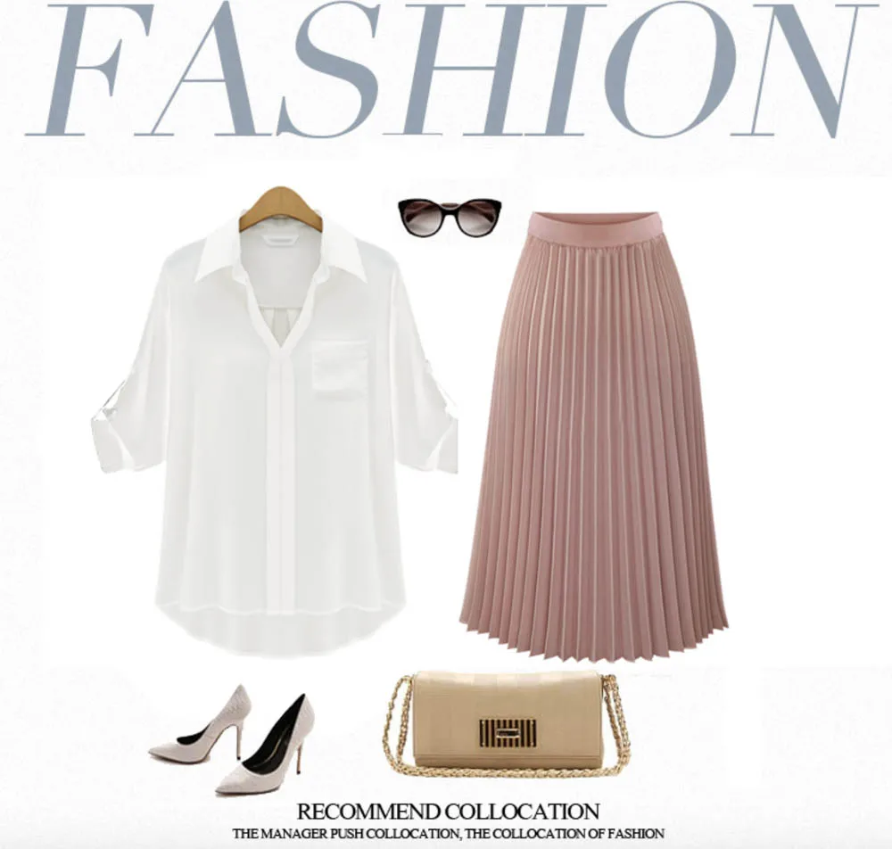 Pink Pleated Skirt Women High Waist Midi Chiffon A line Chic Elegant Quality Winter Autumn YYW-8889 | Женская одежда
