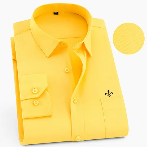Мужская рубашка с длинным рукавом Camisa Social Masculina, классические мужские рубашки, официальная деловая рубашка с вышитым логотипом - Цвет: 1-510YELLOW-X