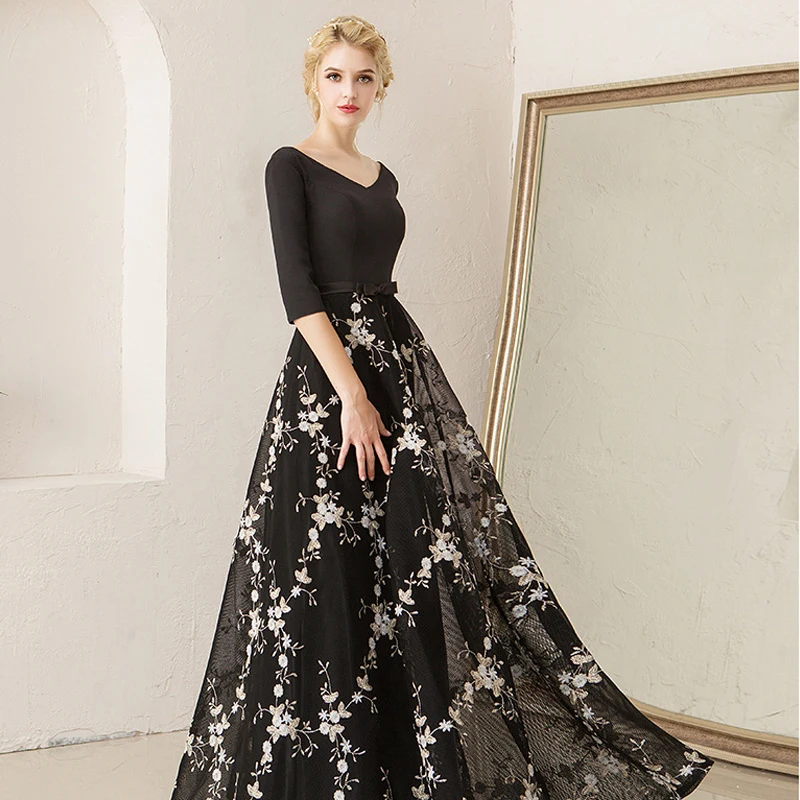 Вечернее платье черное сексуальное с v-образным вырезом Robe De Soiree длинного размера плюс с открытой спиной платья для выпускного вечера женские вечерние платья с коротким рукавом E564