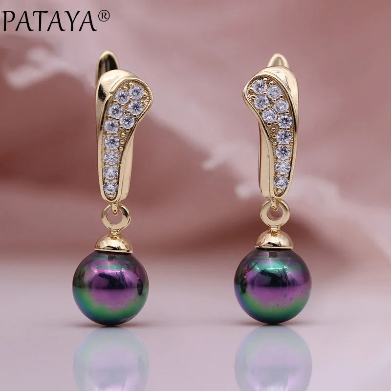 PATAYA, новинка, изящные длинные серьги с жемчугом, Женские Романтические модные ювелирные изделия, натуральный циркон, 585, розовое золото, маленький подарок, серьги