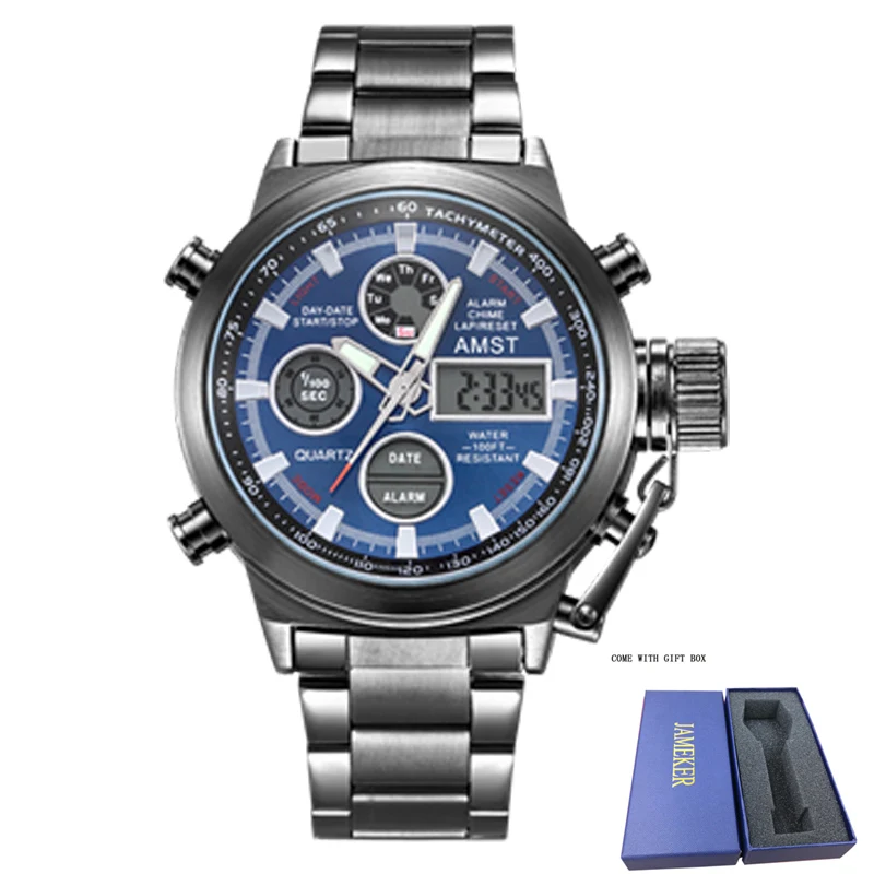 black blue AMST Роскошные Лидирующий бренд мужские часы из нержавеющей стали Мужские кварцевые цифровые аналоговые светодиодный часы мужские спортивные наручные часы Relogio Masculino - Цвет: black blue