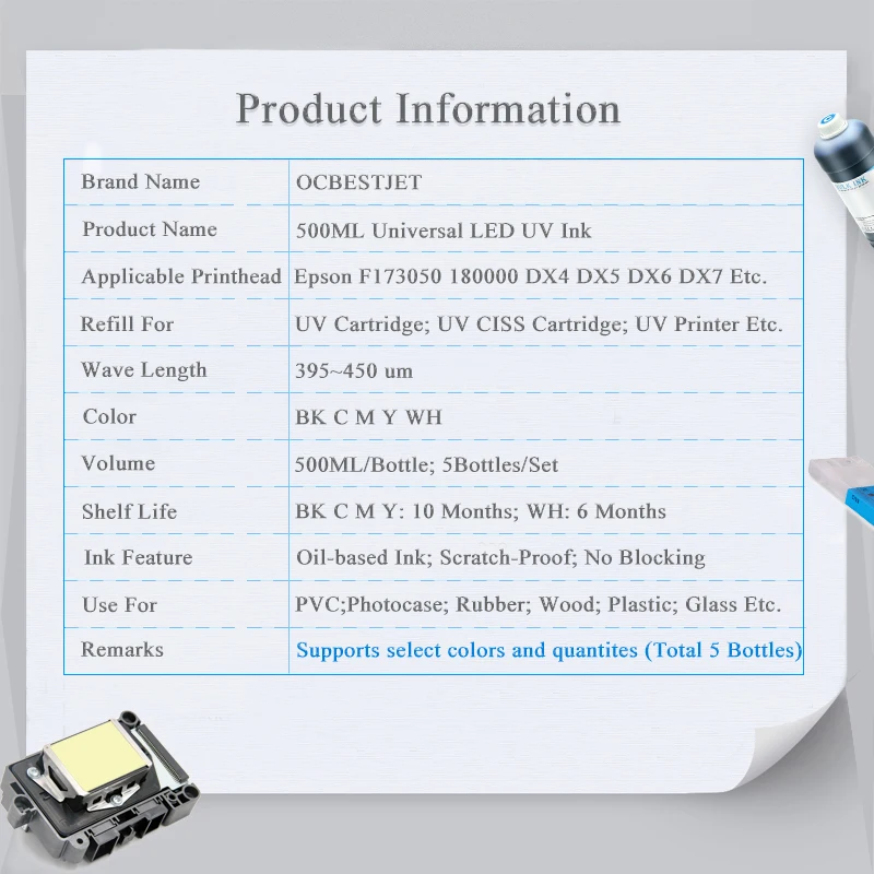 5x500 мл Светодиодный УФ-принтер для Epson 1390 1400 1410 1500 Вт R280 R290 R330 L800 L805 L1800 УФ-принтер для всех планшетных УФ-принтеров