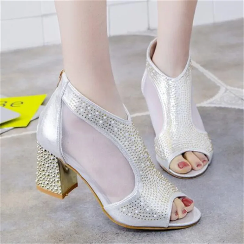 

Spring Women Leather casual Sandal High Thick Heel Sexy Crystal Platform Zipper Peep Toe Slip On Lady Shoes Zapatos Mujer 5515W