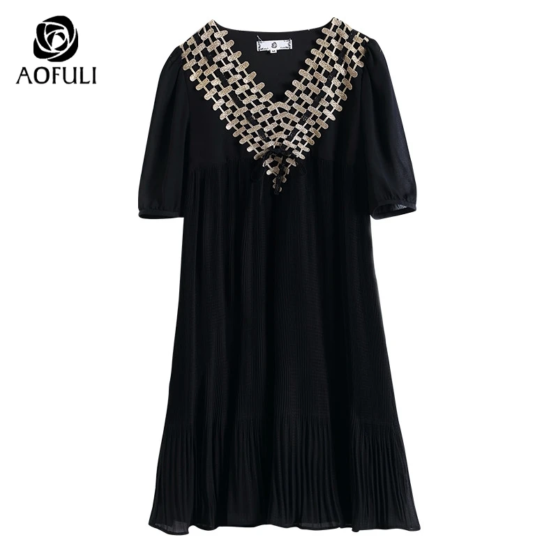 AOFULI L XXXL 4XL 5XL Золотое плиссированное платье с v образным вырезом и вышивкой летняя