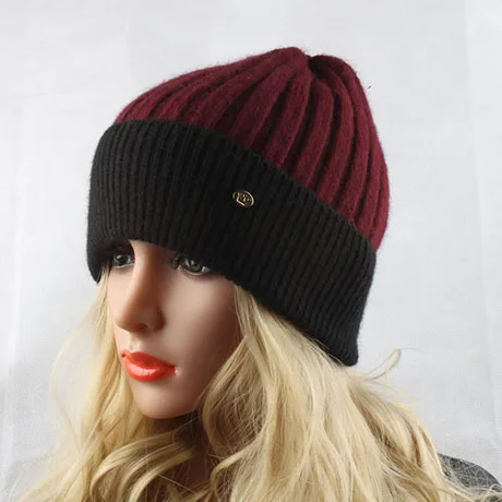 Высококачественные Лоскутные вязаные шапочки Skullies Beanies, женские теплые мягкие кашемировые шерстяные шапочки, весенние зимние шапки для женщин - Цвет: wine red  black