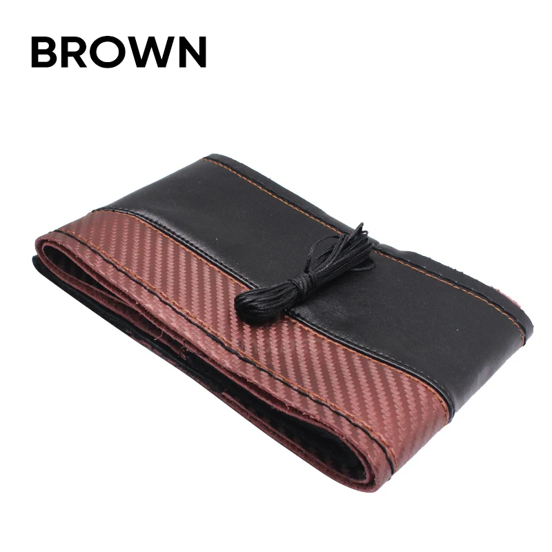 Brown Спортивный дизайн, углеродное волокно, натуральная мягкая кожа, чехол на руль, сделай сам, ручная работа, чехол, иглы, нить для стайлинга автомобилей, диаметр 38 см - Название цвета: Brown
