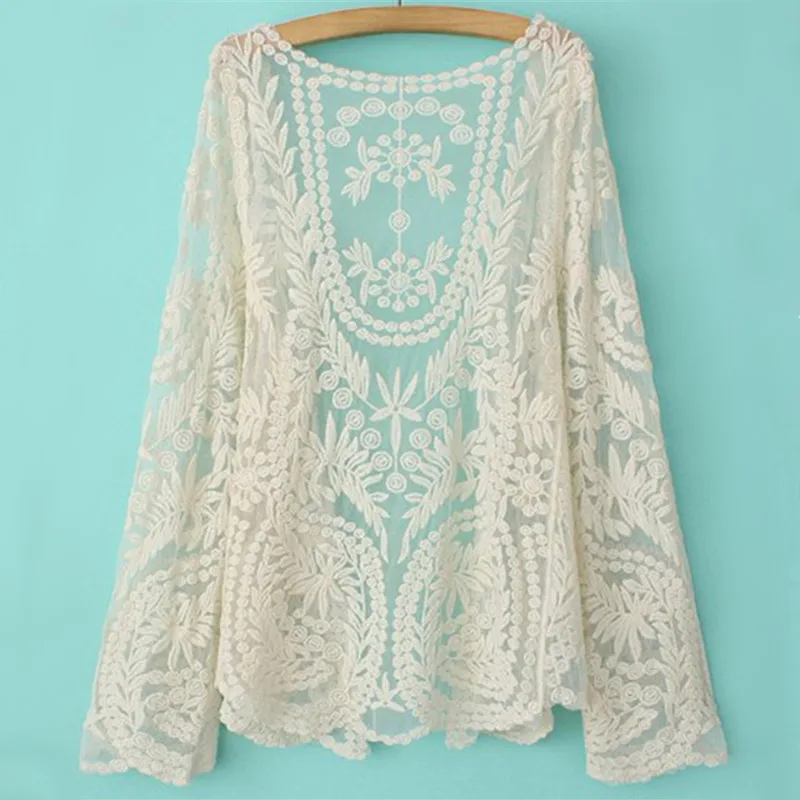 Qiukichonson Lace Cardigan Summer Bohemian Beach Cover Up V-Neck Embroidery Cotton Tops Ladies Womens Long Sleeve |