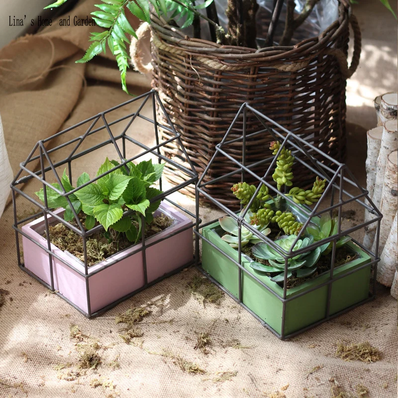 

green hand painted rustic vintage antique mini metal craft succulents pots