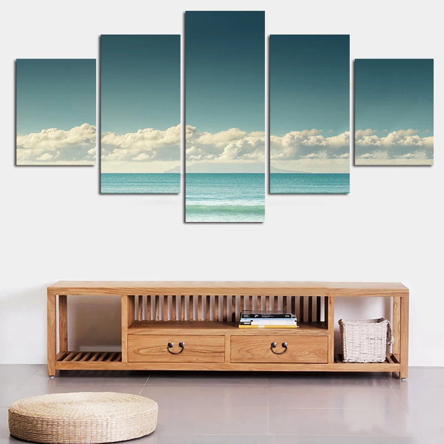 

High-Quality 5 Panel Modern Blue Sky Sea Printed On Canvas Painting Wall Hanging Living Room Decoration Pictures NO Framed