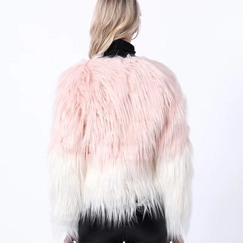 Сексуальные пушистые пальто из искусственного меха, куртки из искусственного меха, женская укороченная куртка с круглым вырезом, полный искусственный мех, открытая стежка, пальто