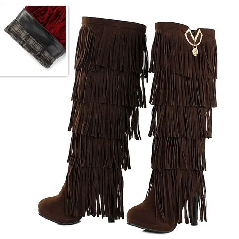 Brown Cloth REAVE CAT/Большие размеры 32-43; Новинка; женские зимние сапоги из флока на меху сапоги до колена на высоком каблуке модные сапоги с бахромой; Цвет черный, коричневый, красный; ZL4150 - Цвет: Brown Cloth
